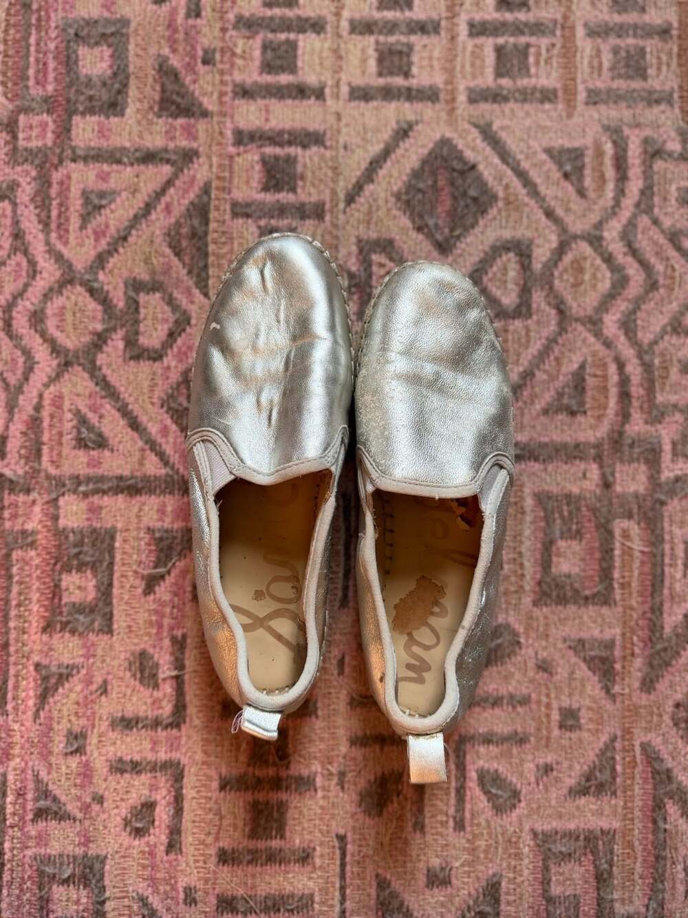 Used Sam Edelman Kenley Silver Leather Roudedc Top Slip On Espadrilles Classic